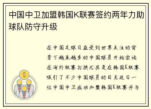 中国中卫加盟韩国K联赛签约两年力助球队防守升级
