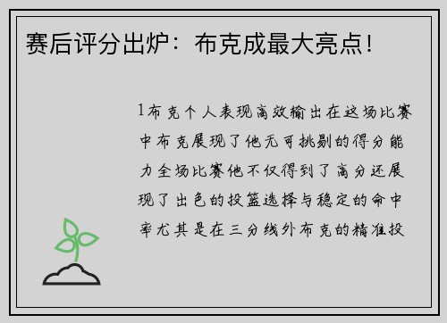 赛后评分出炉：布克成最大亮点！